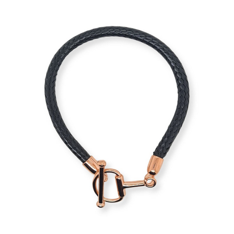 Sterling Silver & Rose Gold Plated Black Leather Equestrian Horse Buckle Bracelet