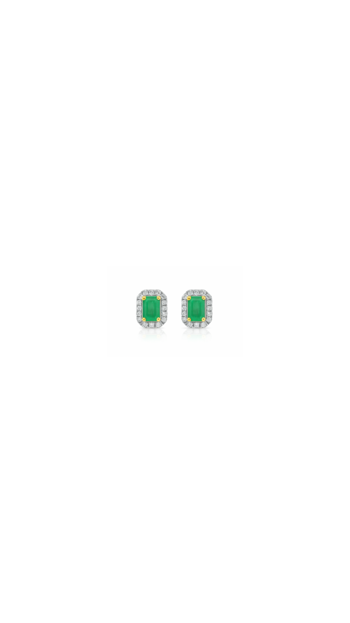 Emerald & Diamond Halo Stud Earrings in 10ct Yellow & White Gold
