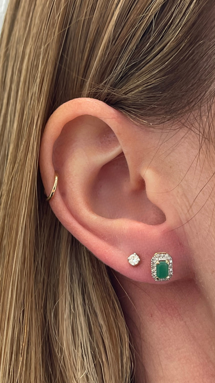 Emerald & Diamond Halo Stud Earrings in 10ct Yellow & White Gold