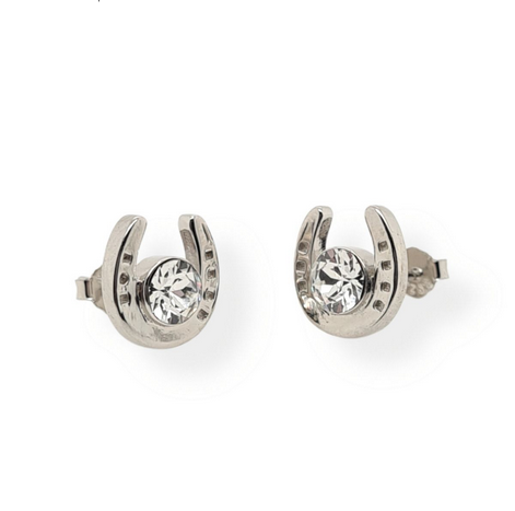 Sterling Silver Equestrian Large Horse Shoe Stud Earrings with CZ