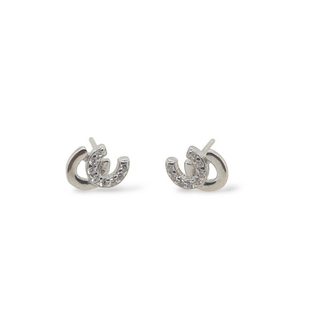 Sterling Silver Equestrian Double Horse Shoe Stud Earrings with CZ
