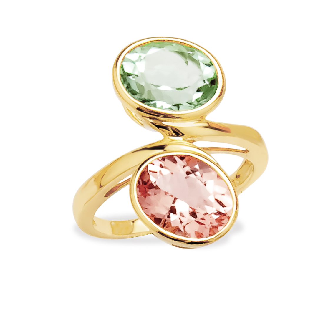 Morganite & Green Amethyst Two Stone Bezel Set 9ct Yellow Gold Cross Over Ring
