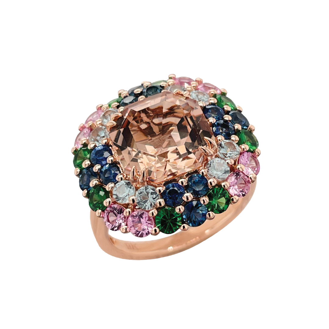 Morganite, Pink Sapphire, Tsavorite Garnet, Blue Sapphire & White Sapphire 9ct Rose Gold Double Halo Ring