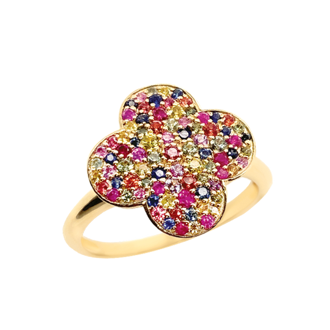 Pavé Mixed Sapphire Clover Ring in 9ct Yellow Gold