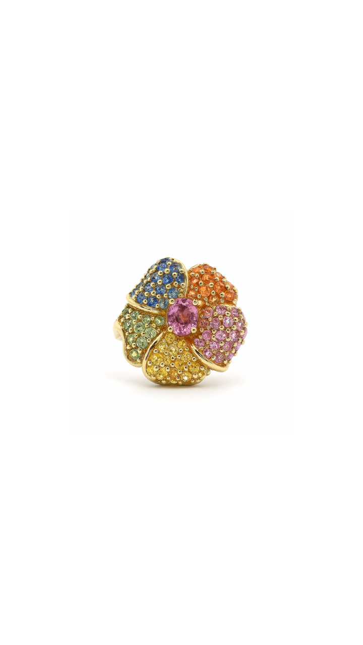 Pavé Mixed Sapphire Flower Ring in 9ct Yellow Gold