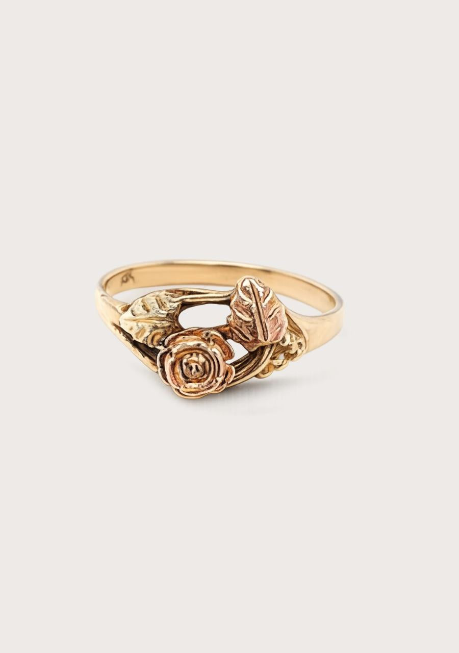 Estate 10ct Yellow and Rose Gold Rose and Leaf Ring