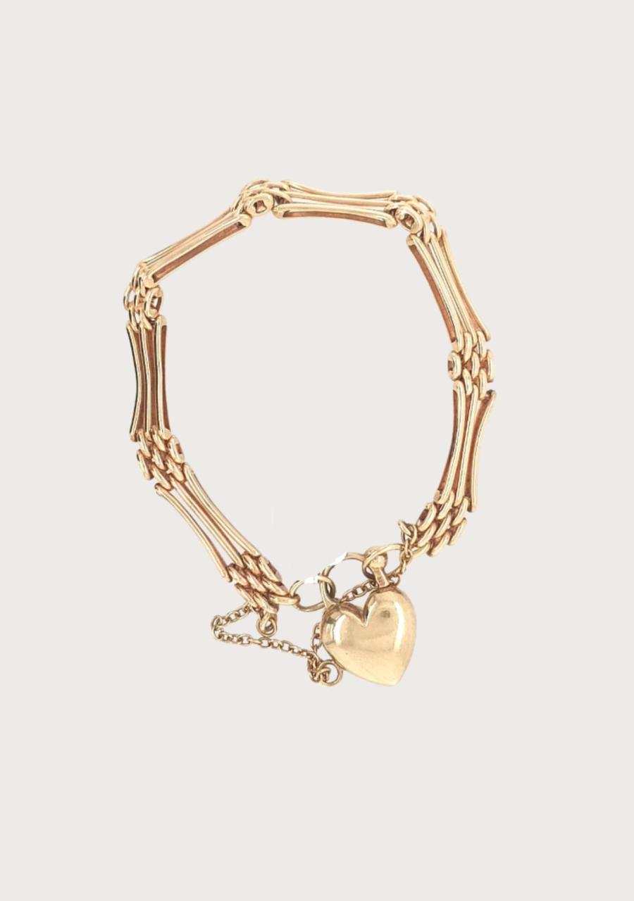 Estate 9ct Yellow Gold 3 Bar Gate Bracelet with Puff Heart Clasp and Safety Chain