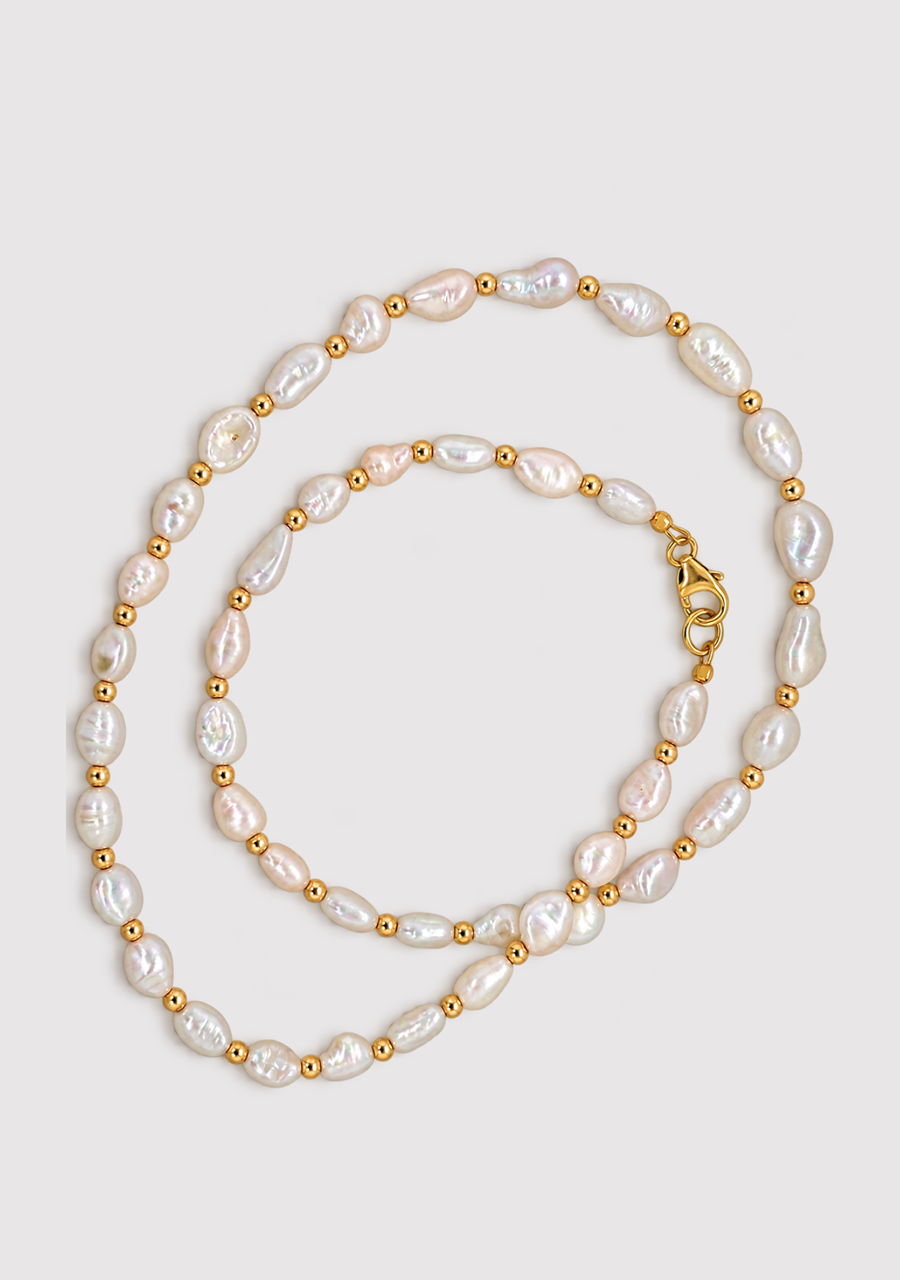 9ct Yellow Gold 5mm White Keshi Pearl & Gold Bead Strand