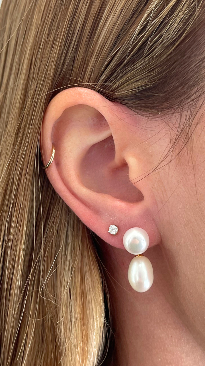 White Button Freshwater Pearl Drop Stud Earrings in 9ct Yellow Gold