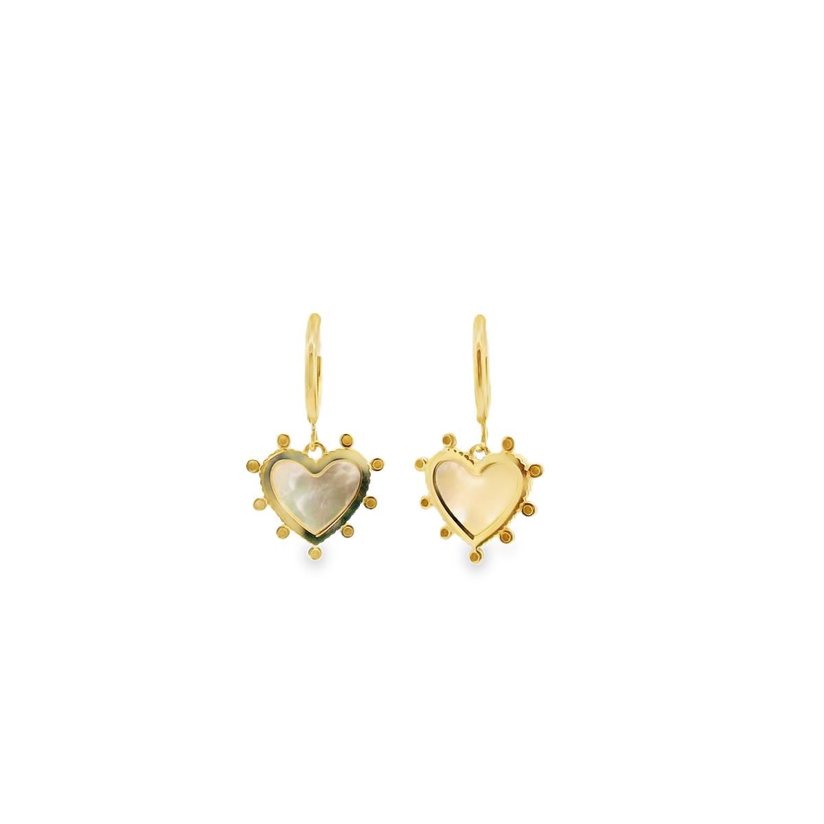 Mother of Pearl Heart Drop Huggie Earrings in 9ct Yellow Gold