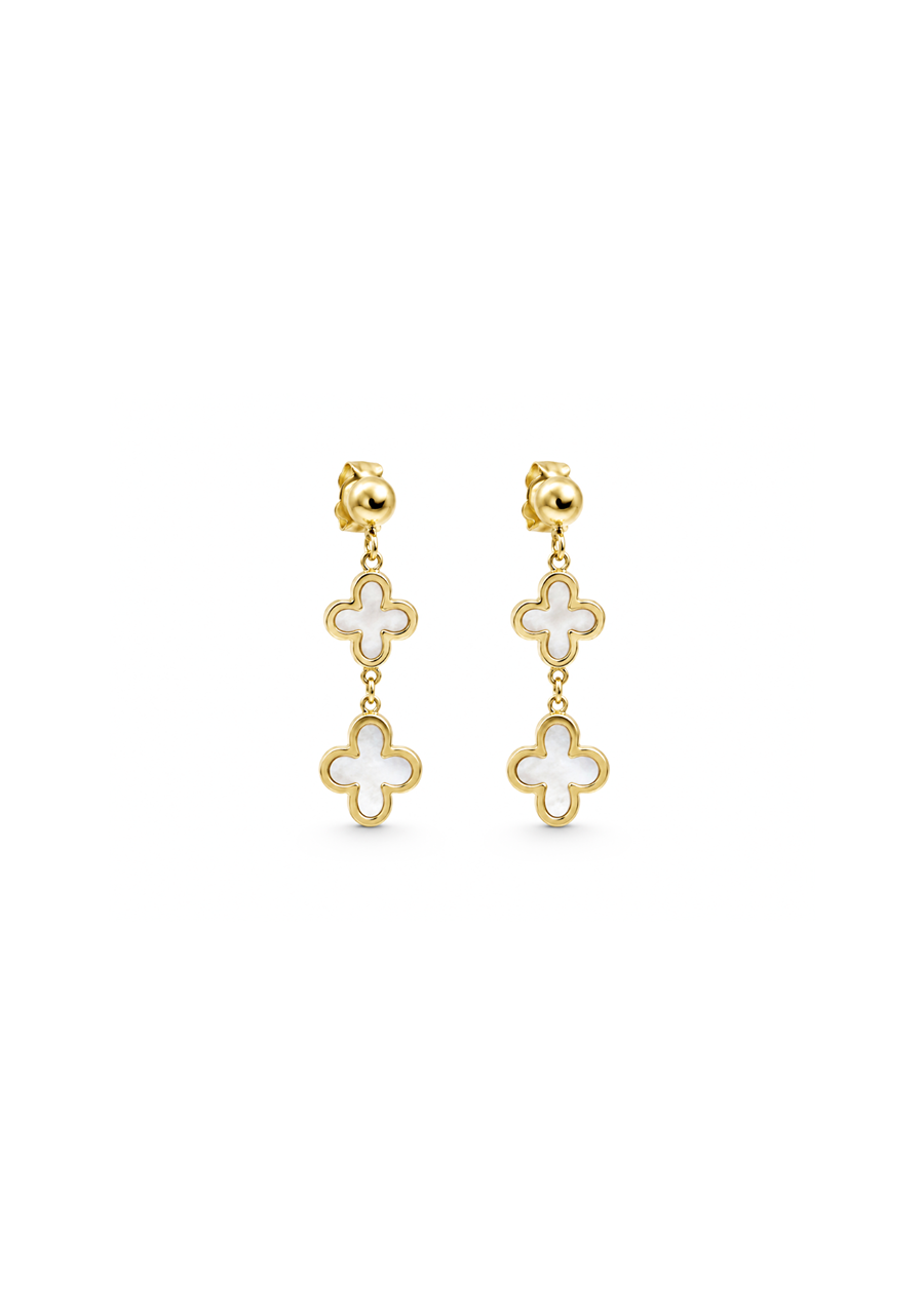 9ct Yellow Gold Double Drop Flower Mother of Pearl Stud Earrings