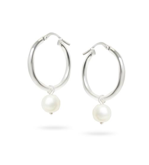 Sterling Silver 15mm Hoop with 7-8mm Round White Freshwater Pearl Earrings
