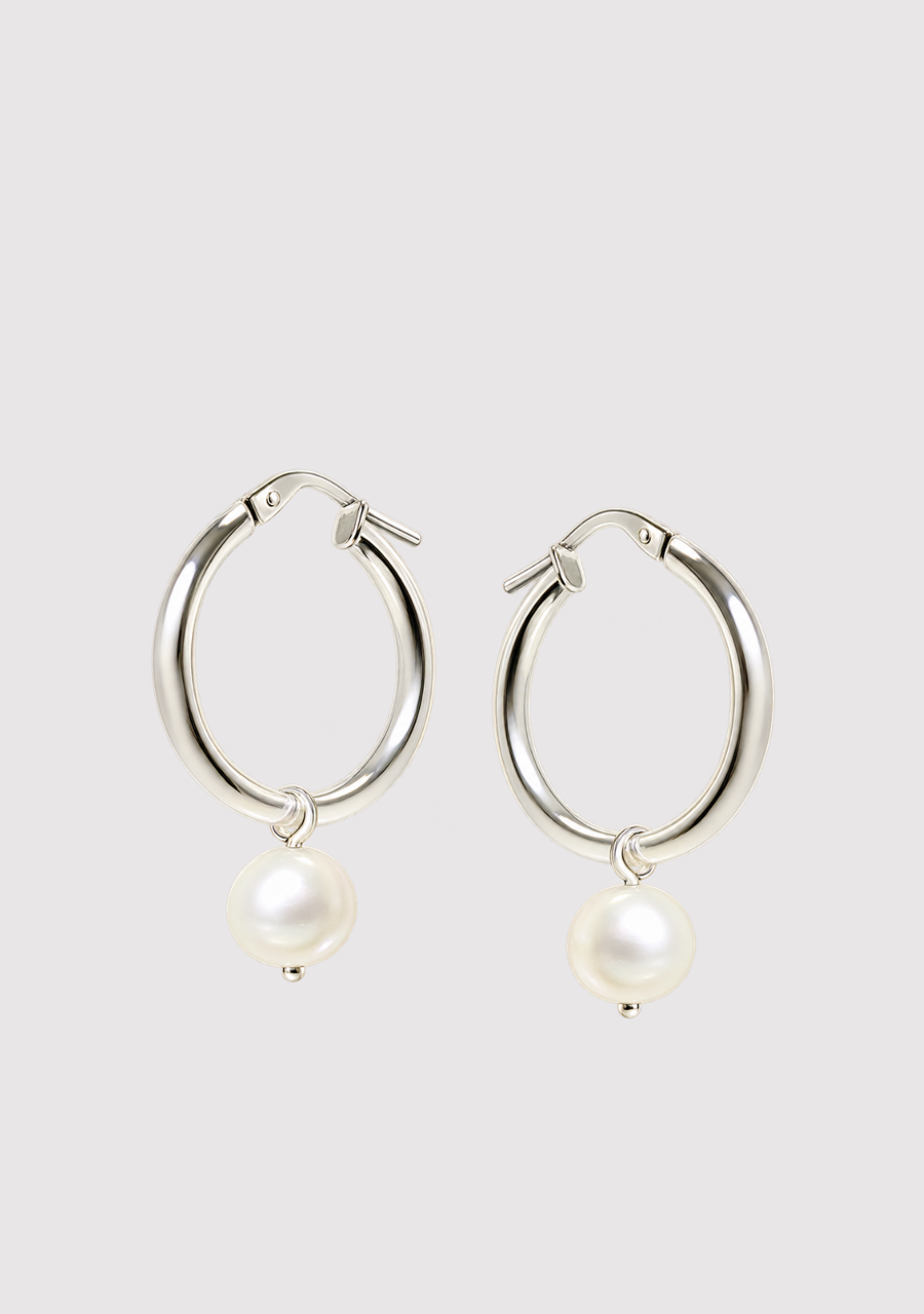 Sterling Silver 15mm Hoop with 7-8mm Round White Freshwater Pearl Earrings