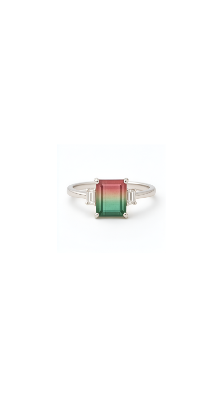 Watermelon Tourmaline & Diamond Trilogy Ring in 18ct White Gold