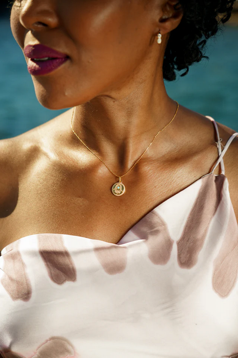 Georgini Gold Plated Opal Glow Blue Created Opal Hamsa Medallion Pendant