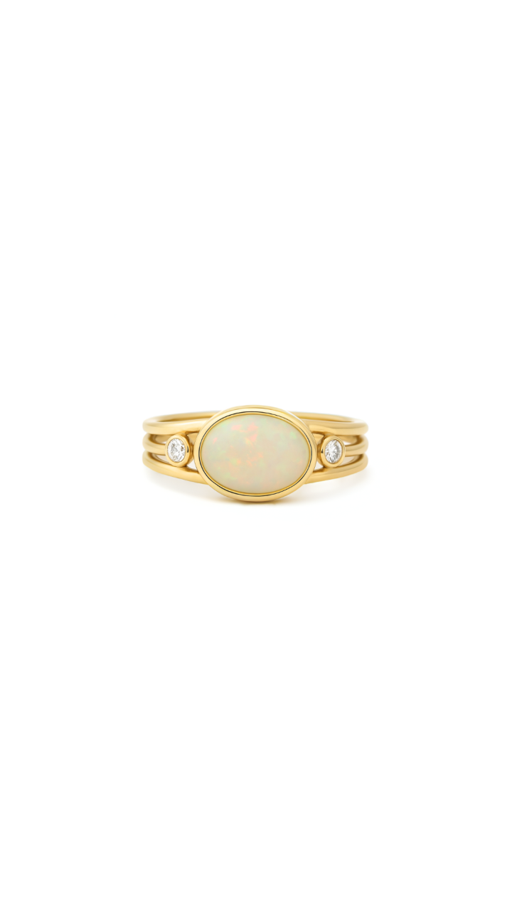 Opal & Diamond Triple Band Ring in 9ct Yellow Gold