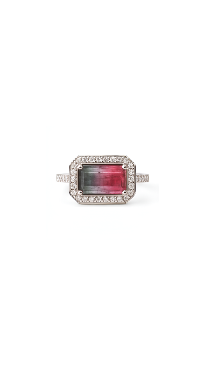 Watermelon Tourmaline & Diamond Halo Ring in 18ct White Gold