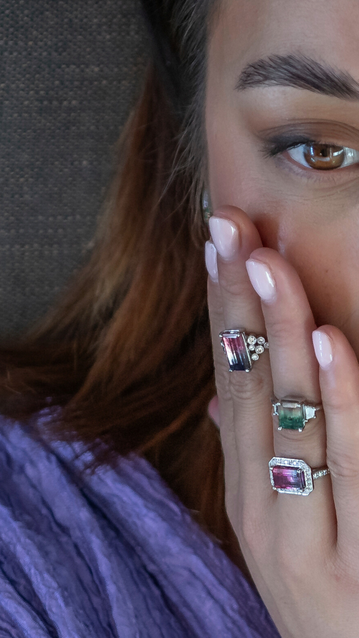 Watermelon Tourmaline & Diamond Halo Ring in 18ct White Gold