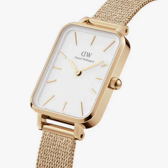 Daniel Wellington Quadro Pressed Evergold White 20x26 Dial With Yellow Gold Plated Mesh Strap Watch