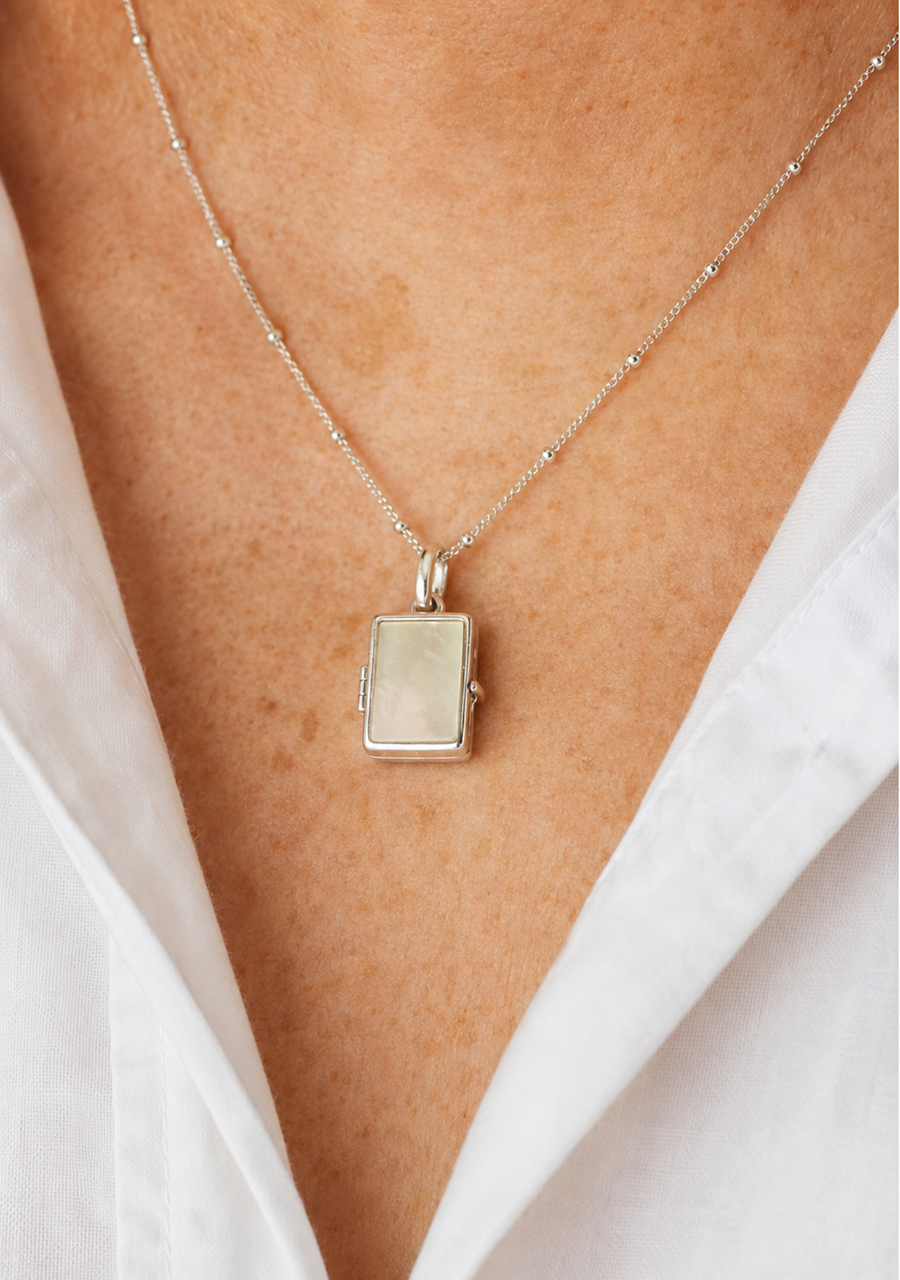 Sterling Silver Perle Mother of Pearl Square Locket Necklace