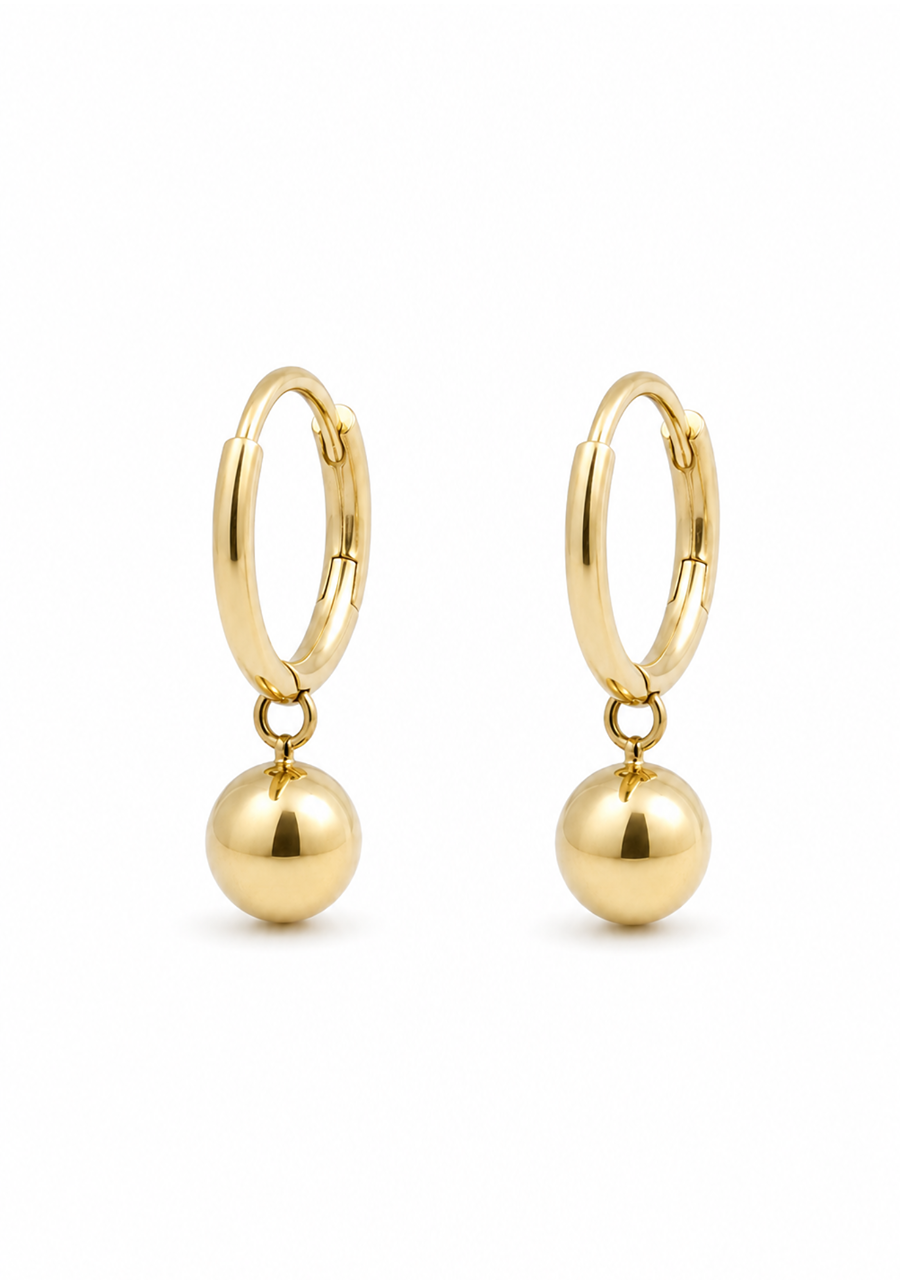9ct Yellow Gold Plain 8mm Ball Drop Hoop Earrings