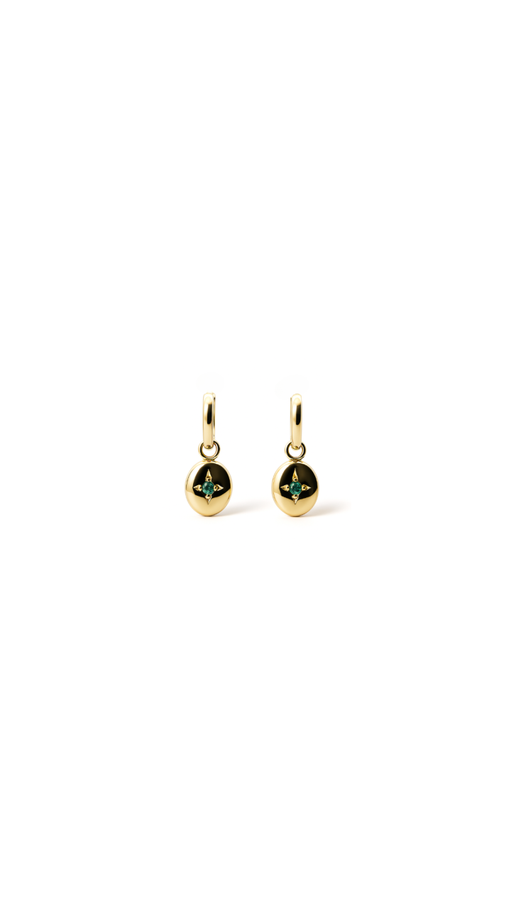 Emerald Button Drop Hoop Earrings in 9ct Yellow Gold