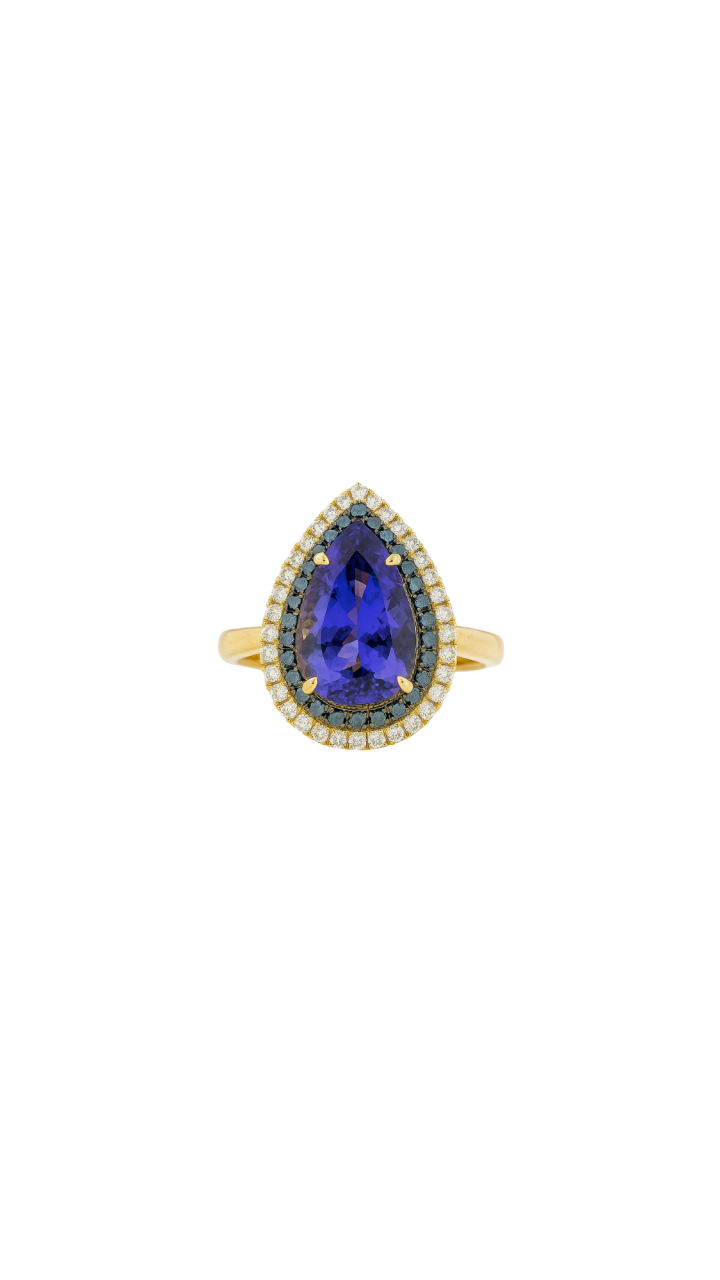 Tanzanite & Diamond Double Halo Ring in 18ct Yellow Gold
