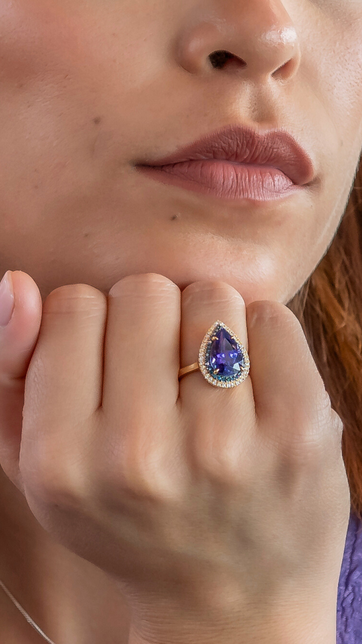 Tanzanite & Diamond Double Halo Ring in 18ct Yellow Gold
