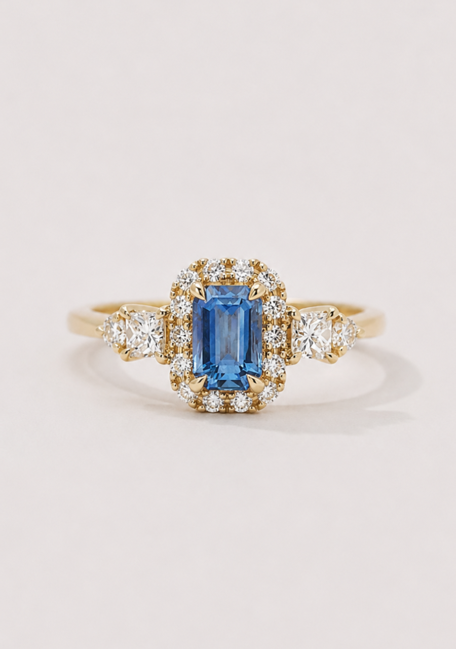 Ceylonese Sapphire & Diamond 18ct Yellow Gold Halo Ring