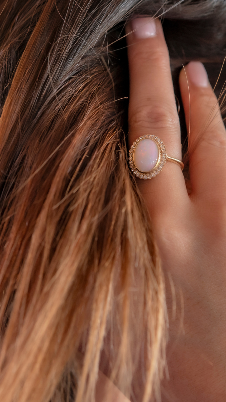 Opal & Diamond Halo Ring in 9ct Yellow Gold