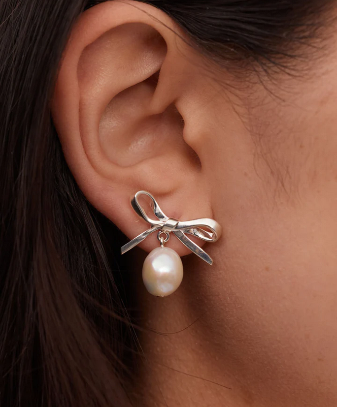 Meadowlark Sterling Silver Bow Pearl Stud Earrings