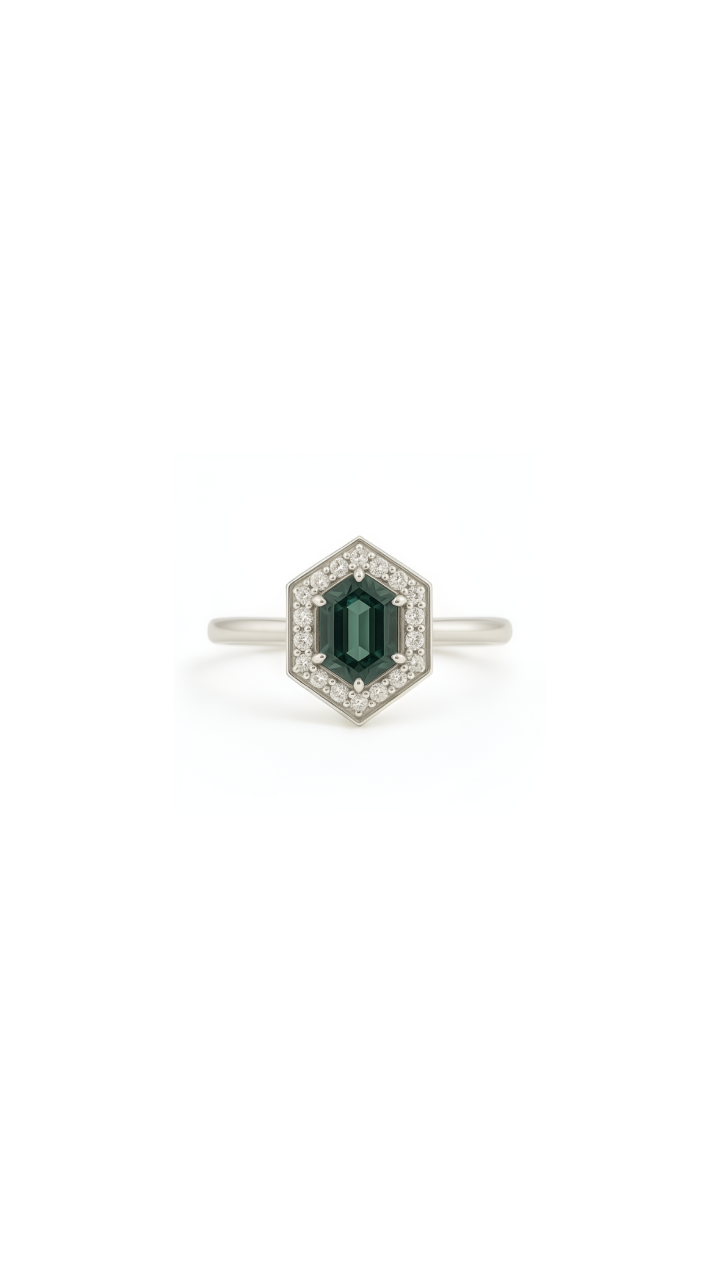 Teal Sapphire & Diamond Hex Halo Ring in 9ct White Gold