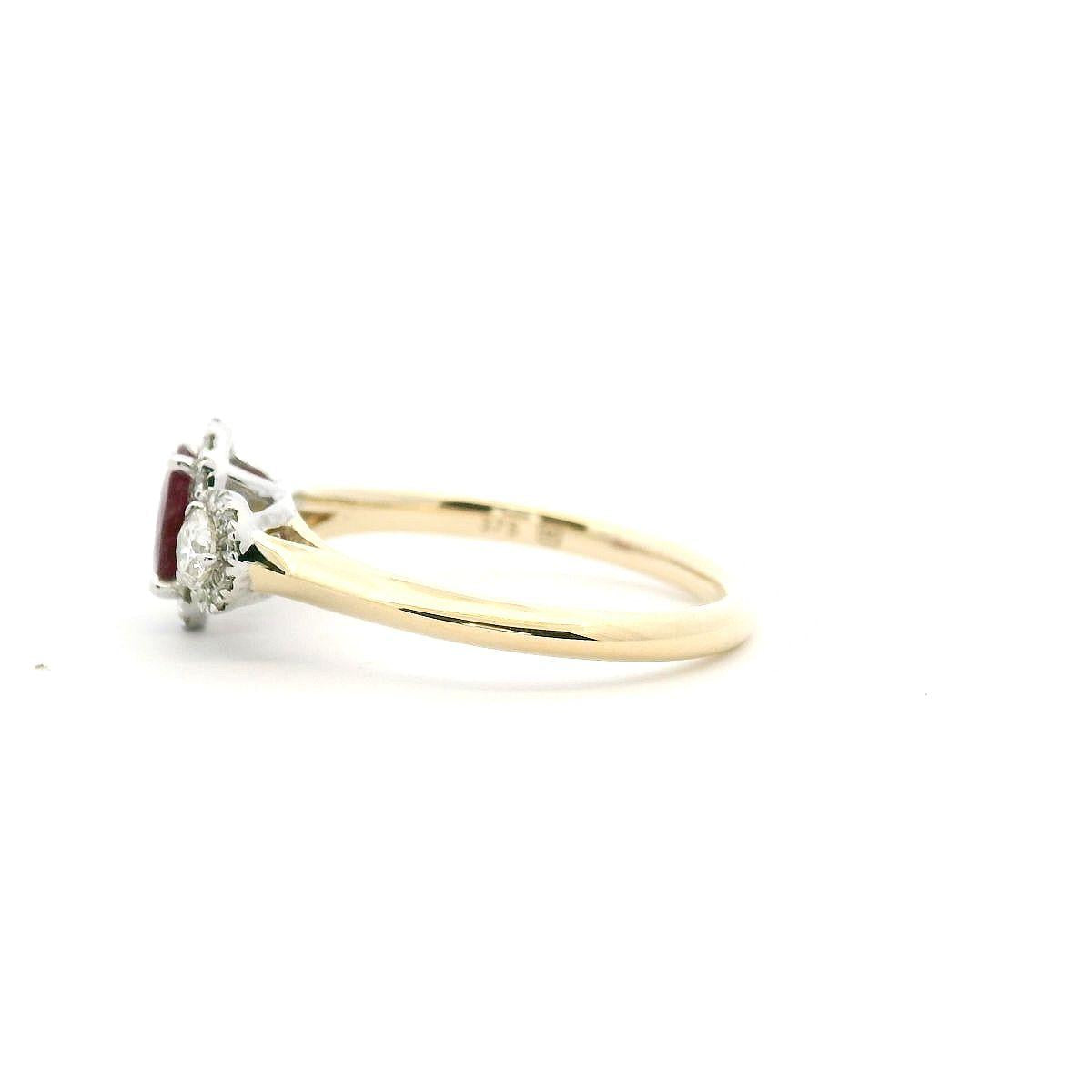 Ruby & Diamond 9ct Yellow & White Gold Three Stone Halo Ring