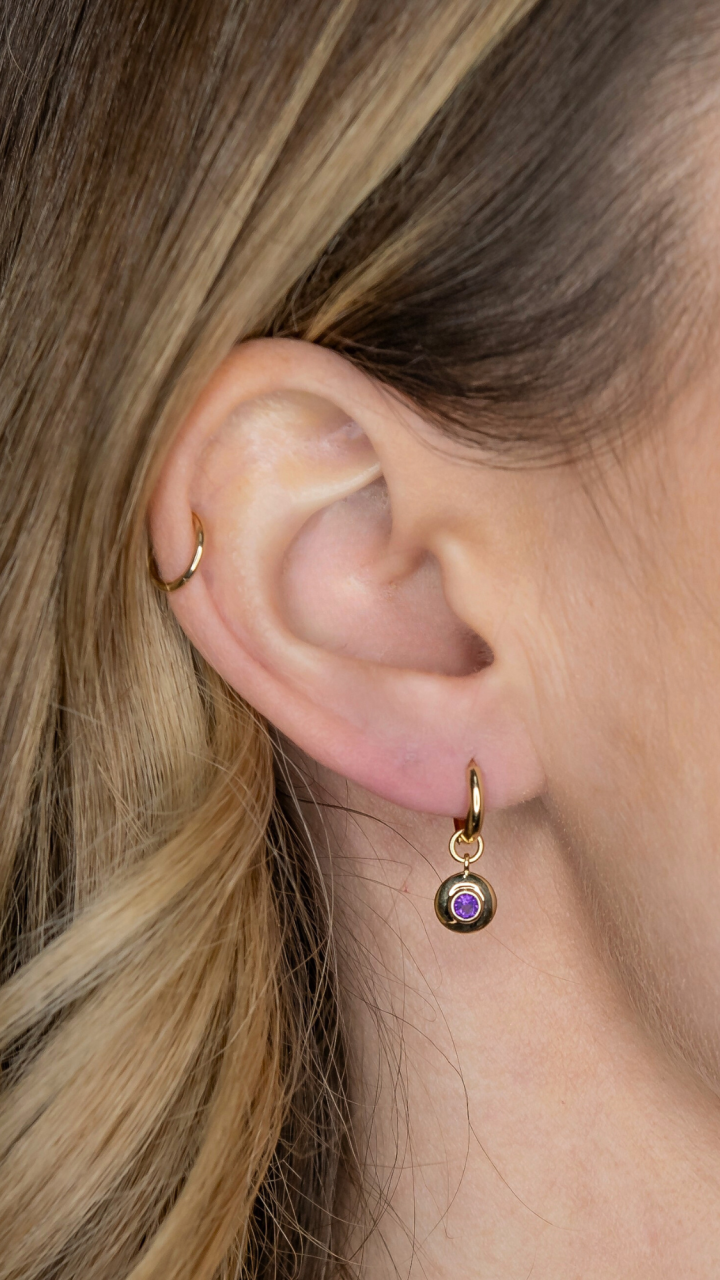 Amethyst Disc Drop Hoop Earrings in 9ct Yellow Gold