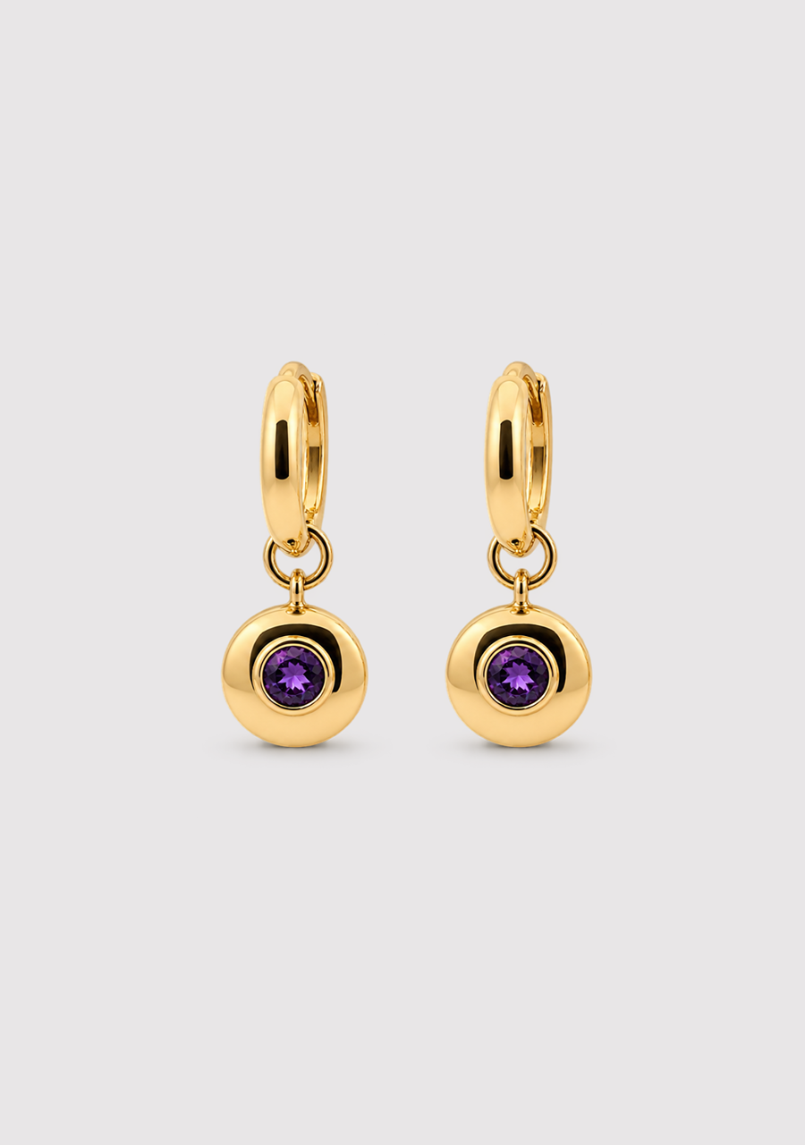 Amethyst 9ct Yellow Gold Disc Drop Hoop Earrings
