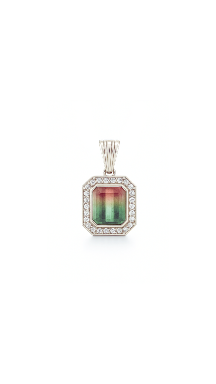 Watermelon Tourmaline & Diamond Halo Pendant in 9ct White Gold