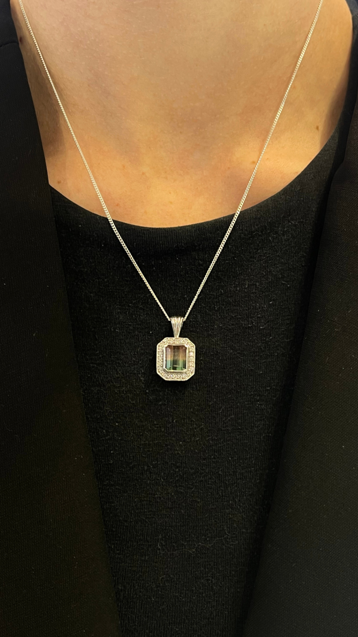 Watermelon Tourmaline & Diamond Halo Pendant in 9ct White Gold