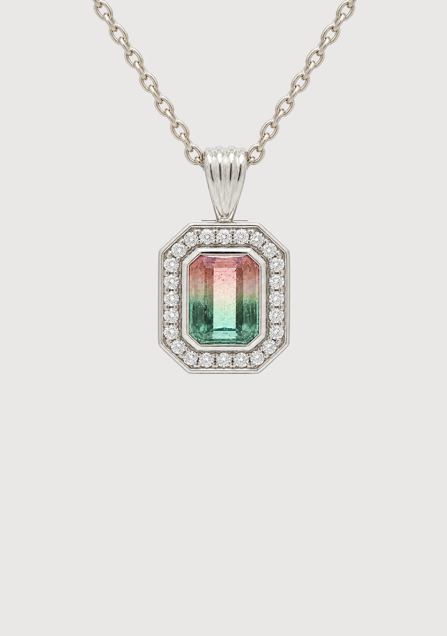 Watermelon Tourmaline & Diamond Halo Pendant