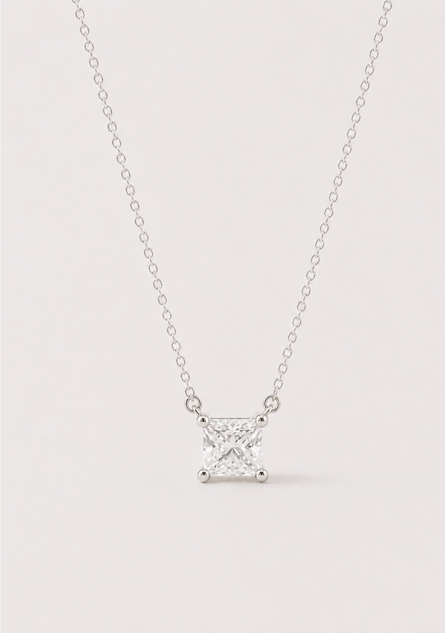 14ct White Gold 1ct Princess Cut Diamond Solitaire Necklace
