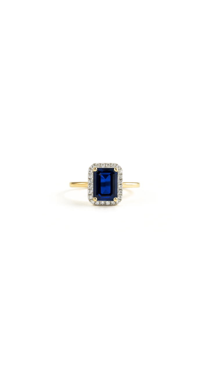 Laboratory Grown Sapphire & Laboratory Grown Diamond Halo Ring in 10ct Yellow Gold