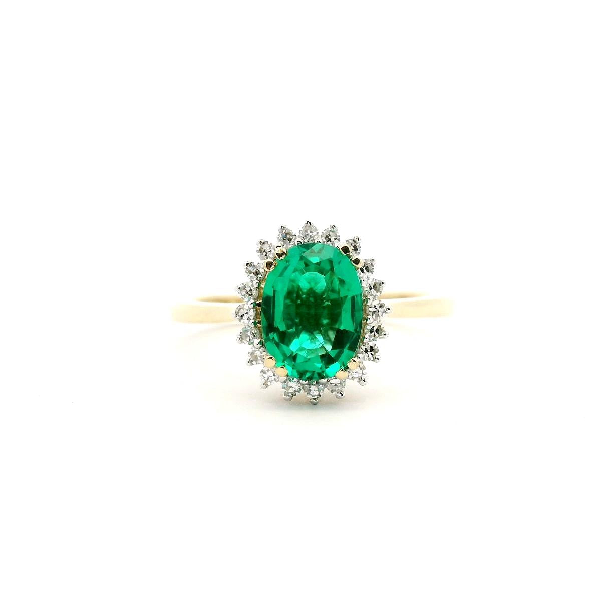 Lab Grown Oval Emerald & Lab Diamond Halo 10ct Yellow Gold Ring