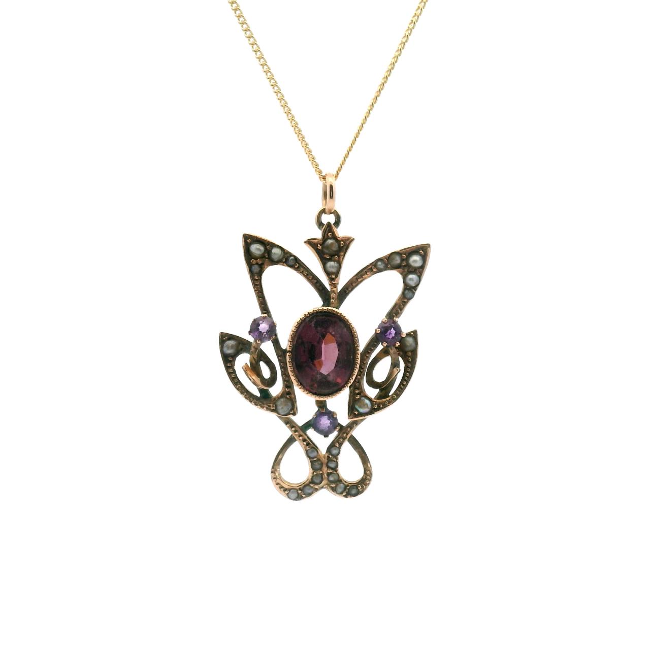 Estate 9ct Yellow Gold Amethyst and Seed Pearl Antique Pendant