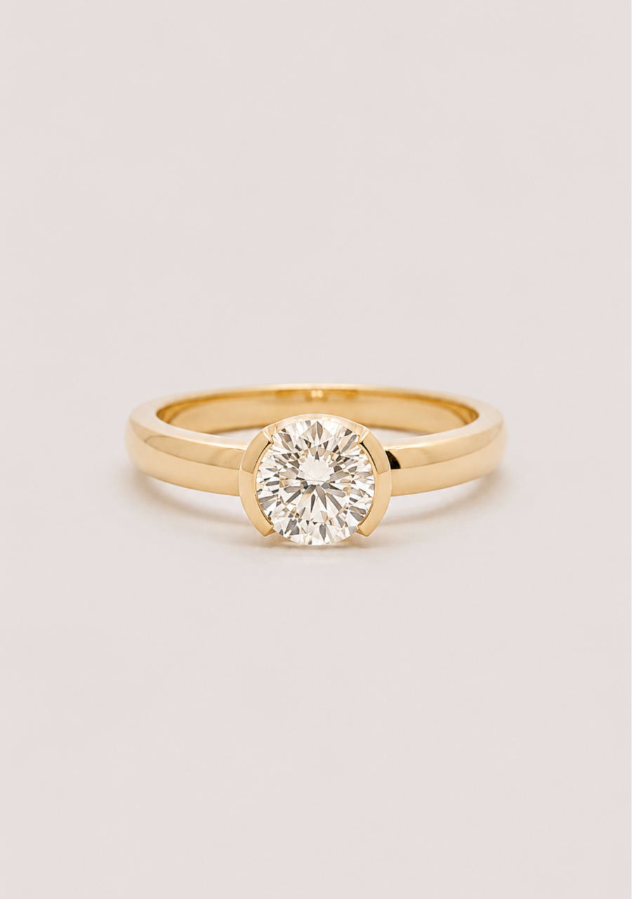Lab Grown 1.00ct Round 9ct Yellow Gold Narrow Semi Bezel Lab Grown Diamond Ring