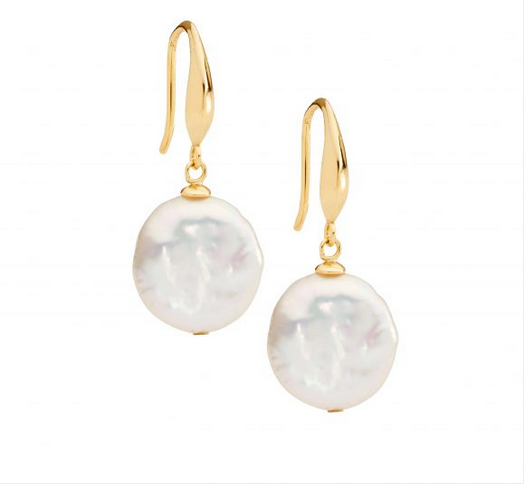 Ellani Gold Plated 12mm Shepherds Hook Freshwater Coin Pearl Earrings
