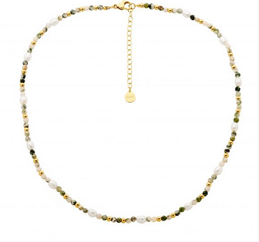 Ellani Stainless Steel Tree Agate & Freshwater Pearl Necklace