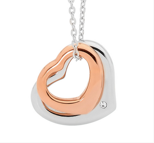 Ellani Stainless Steel Rose & White Two-Tone Double Heart Pendant