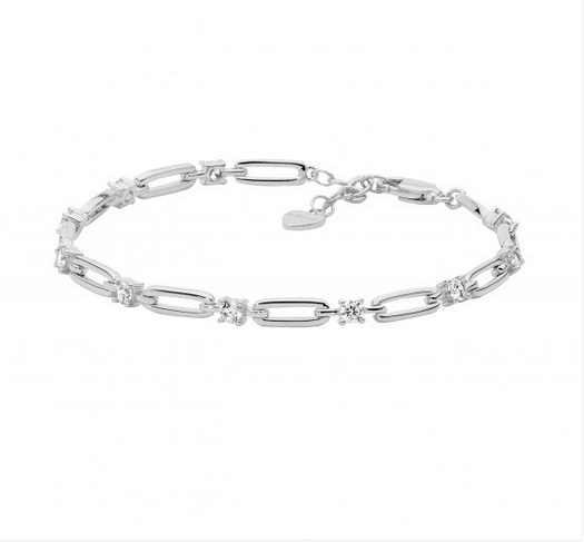 Ellani Sterling Silver Open Oval Link Bracelet with CZ and Extender Chain