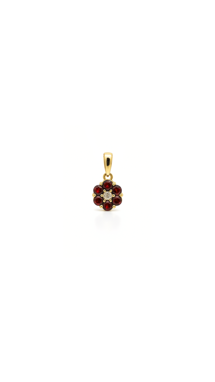 Ruby & Diamond Flower Cluster Pendant in 9ct Yellow Gold
