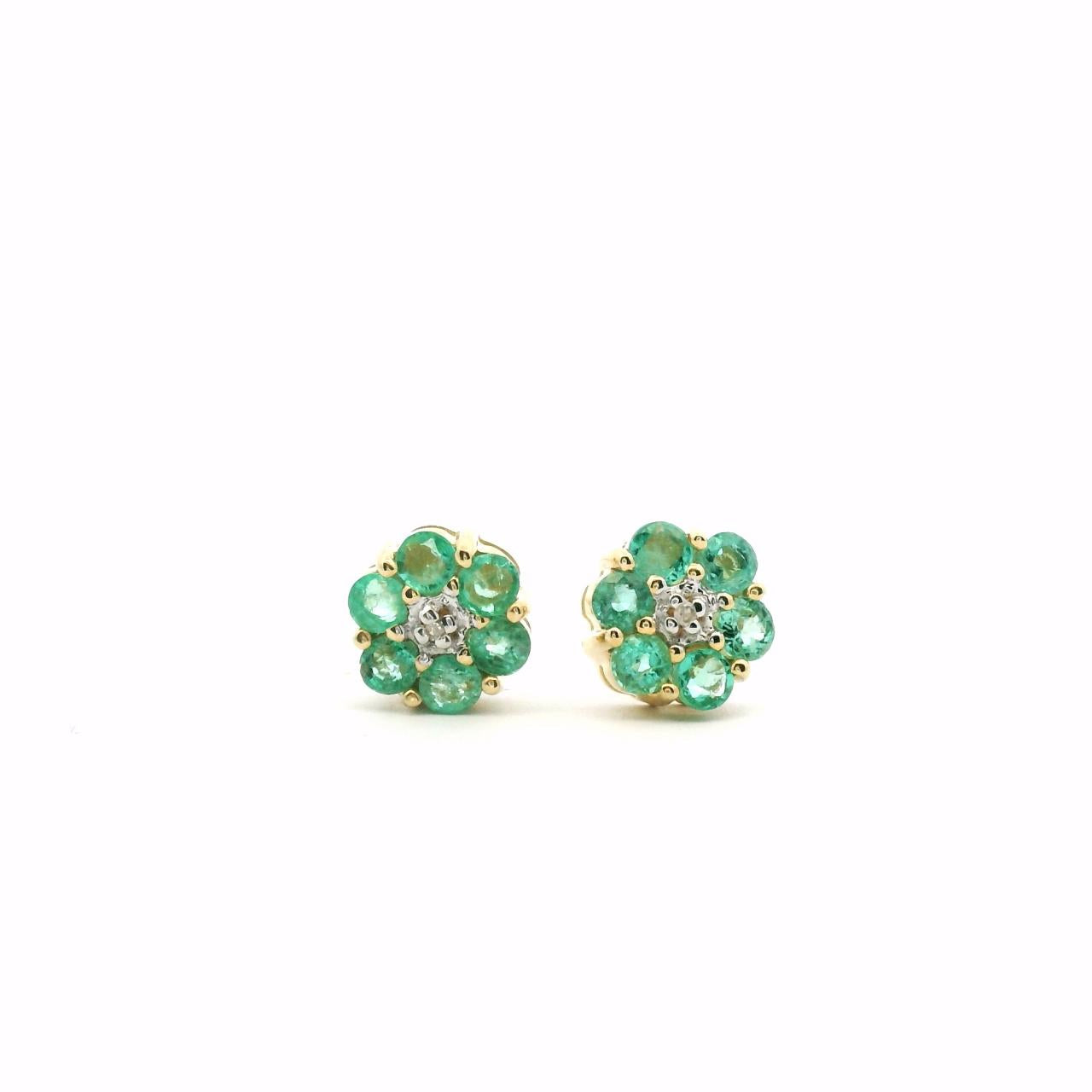 Emerald & Diamond Cluster Stud Earrings in 9ct Yellow Gold