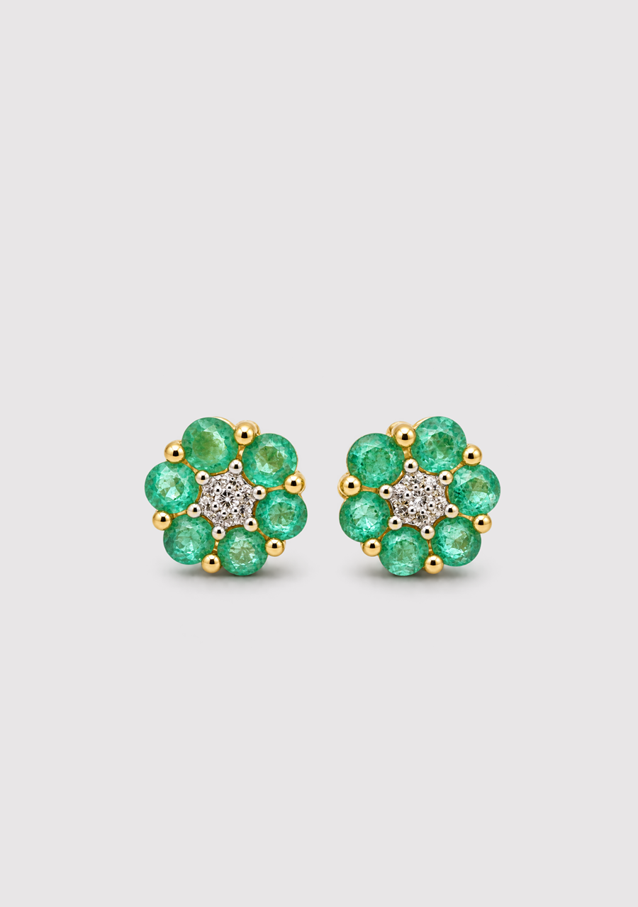 Emerald & Diamond Cluster Earrings in 9ct Yellow Gold